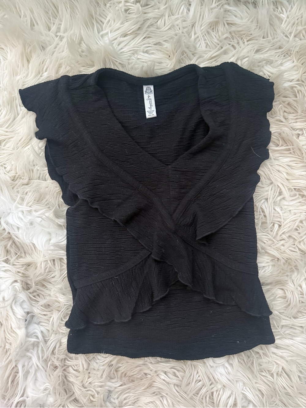 American Rag Black Ruffle V-Neck Blouse